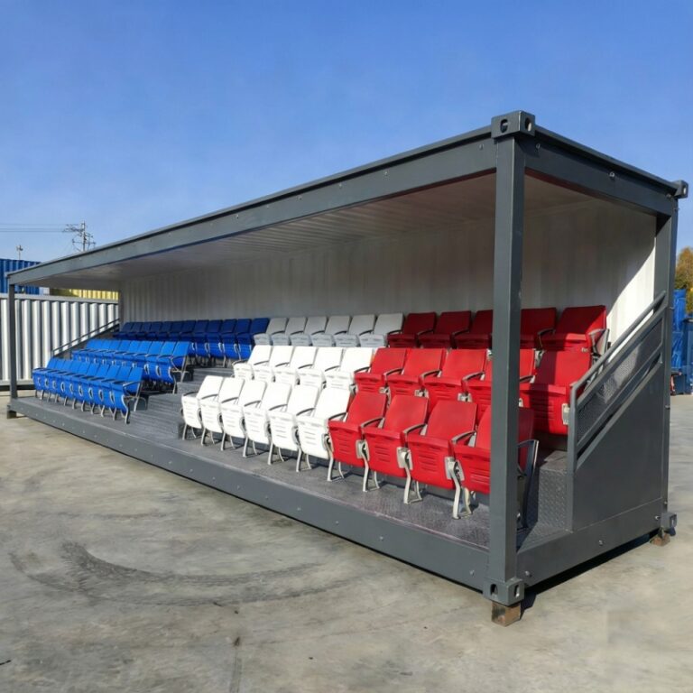 A container grandstand with a mix of red, white, and blue seating in a modular design. Ideal for sports events and outdoor stadiums, this container grandstand is manufactured to be robust, easy to transport, and customizable for different events.