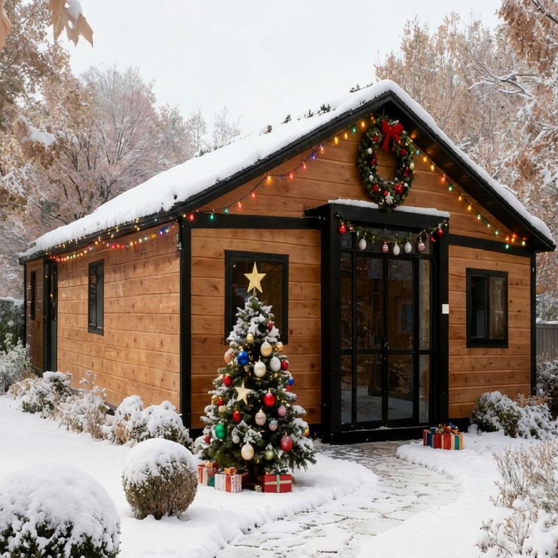 Une maison conteneur extensible de 40 pieds avec un extérieur en bois, décorée pour les fêtes avec un sapin de Noël et des guirlandes lumineuses. La maison est conçue pour une utilisation saisonnière ou toute l'année.