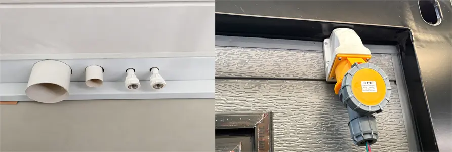 Expandable container house product featuring water pipe fittings and electrical connections for efficient system integration.
