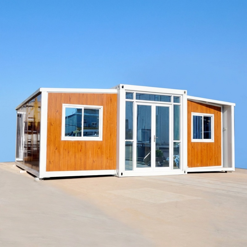 Erweiterbares Containerhaus mit modernem Holzpaneel-Design und großen Fenstern, ideal für Wohn- und Gewerbezwecke