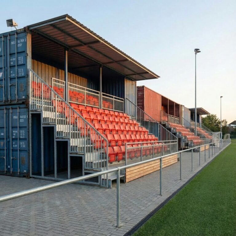 A side view of a container grandstand, featuring red seating and sturdy stairs, designed for outdoor events, sports games, and large gatherings. The structure is built using high-quality containers, offering durability and easy customization.