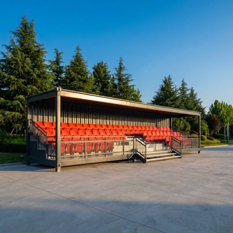 A container grandstand showcasing a modern and durable spectator seating solution, featuring bright red chairs, designed for a variety of outdoor events.