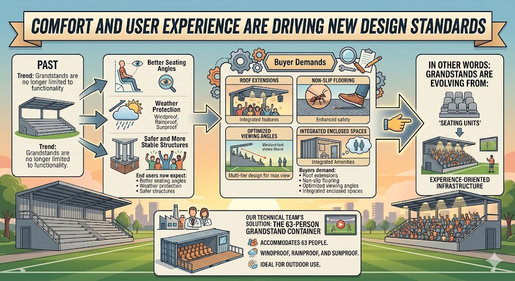 The infographic highlights how design standards for containerized grandstands are shifting from basic functionality to a comprehensive user experience. Modern buyers now demand infrastructure that offers optimized viewing angles, integrated safety features like non-slip flooring, and full weather protection against wind, rain, and sun. By evolving from simple "seating units" into sophisticated, experience-oriented environments with roof extensions and enclosed amenities, these modular solutions—such as the 63-person grandstand container—are setting a new benchmark for outdoor event infrastructure.