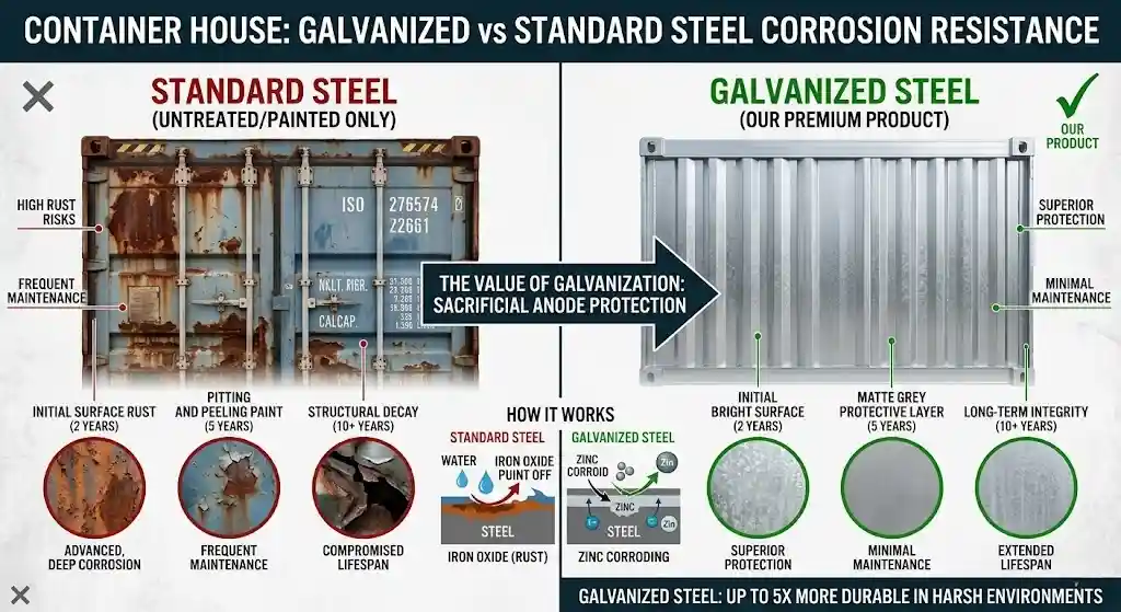 Infographie comparative technique d’une maison-conteneur illustrant la résistance à la corrosion de l’acier standard (non traité/peint) par rapport à l’acier galvanisé (produit haut de gamme), mettant en évidence la protection par anode sacrificielle et l’intégrité structurelle à long terme des unités galvanisées.