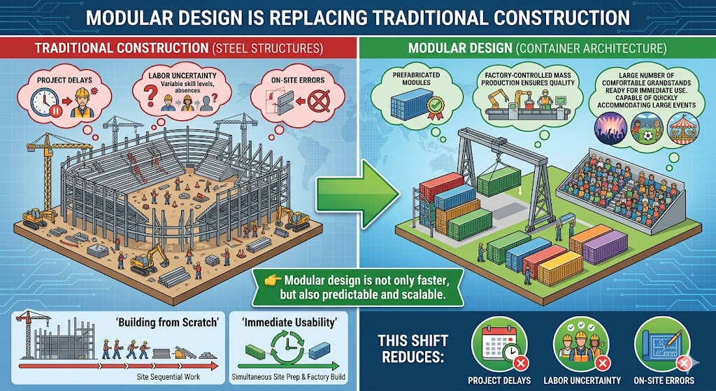 This infographic highlights the industry shift from traditional steel construction to modular container architecture, emphasizing that modular design is faster, predictable, and scalable. It contrasts the "building from scratch" method—which is often plagued by project delays, labor uncertainty, and on-site errors—with factory-controlled mass production that ensures high quality and "immediate usability". By utilizing prefabricated modules, this system allows for simultaneous site preparation and factory building, resulting in a large number of comfortable grandstands ready to quickly accommodate major events like concerts, sports, or festivals.