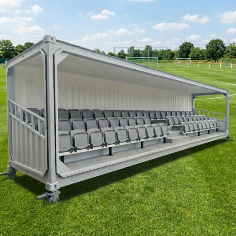 Container Grandstand with gray seats, designed by a leading container grandstand supplier, showcasing durable outdoor seating in a container-based structure. Ideal for various event needs.