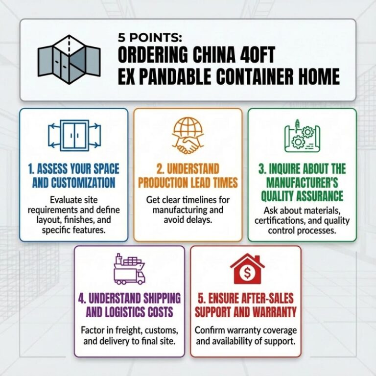 Infographic outlining 5 important points to consider when ordering a China 40ft expandable container home, including space assessment, production lead times, quality assurance, shipping costs, and after-sales support.