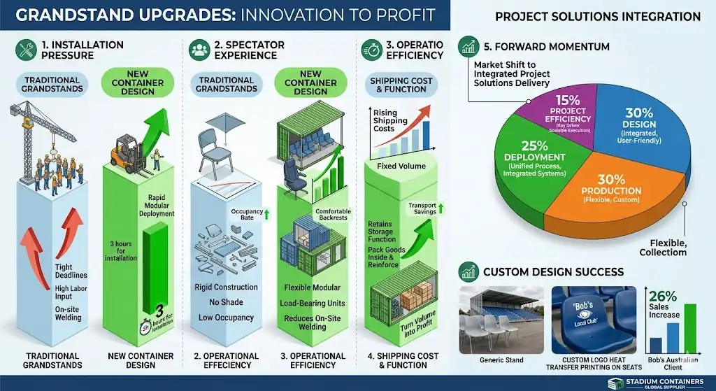This comprehensive infographic, titled "Grandstand Upgrades: Innovation to Profit," illustrates the strategic shift from traditional grandstand construction to modern, integrated container solutions. It breaks down the benefits across installation, experience, and logistics, highlighting how modular designs drive project efficiency and higher ROI.