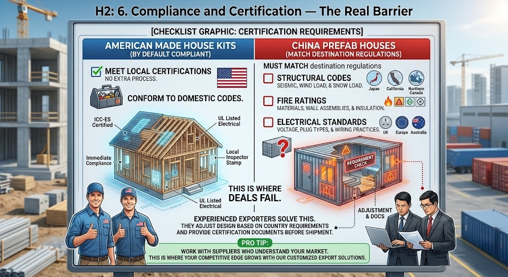 Liste de contrôle de conformité pour les kits de maison américains vs les maisons préfabriquées chinoises incluant les certifications