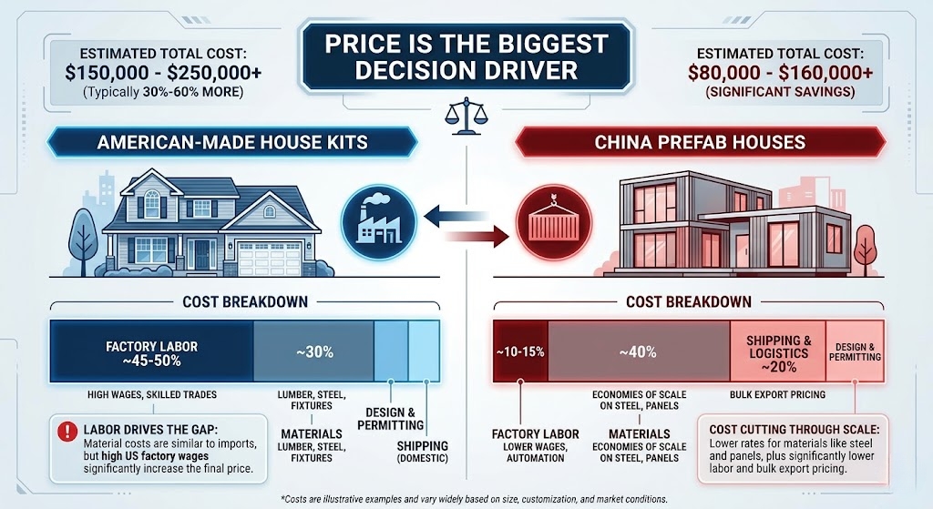 Tableau comparatif des coûts des kits de maison fabriqués aux États-Unis et des maisons préfabriquées chinoises incluant main-d'œuvre et matériaux