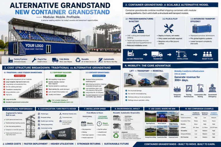 A comprehensive infographic titled 'Alternative Grandstand: New Container Grandstand,' showcasing a modular, mobile, and profitable seating solution. The image features a large blue containerized grandstand with 'YOUR LOGO' and details its advantages over traditional stadium seating and temporary bleachers. Key sections include a cost structure breakdown (showing container systems as a moderate-cost, high-value middle ground), mobility workflows (Lift-Transport-Reinstall), and structural performance highlights. It compares installation speed—reducing weeks of construction to just hours—and provides an ROI table illustrating superior lifespan (20-30 years), reusability, and annual utilization. Use cases include sporting events, music festivals, racing, and corporate events, emphasizing the core value proposition: Lower costs, faster deployment, and higher returns
