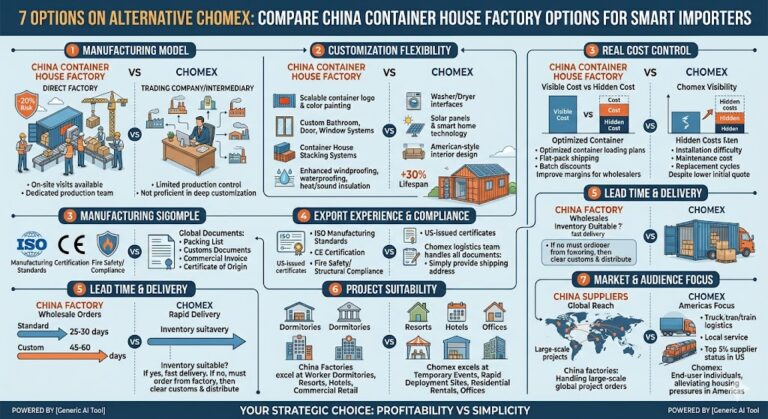 '7 OPTIONS ON ALTERNATIVE CHOMEX: COMPARE CHINA CONTAINER HOUSE FACTORY OPTIONS FOR SMART IMPORTERS'. It presents a side-by-side comparison across seven distinct categories. Below the main title, the strategic recommendation is stated: 'YOUR STRATEGIC CHOICE: PROFITABILITY VS SIMPLICITY'