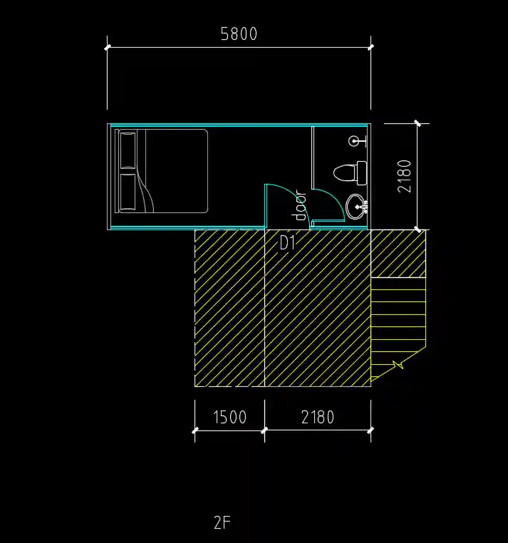 A detailed architectural 2D floor plan of an Apple Cabin, showcasing a smart layout including a bedroom area, integrated bathroom with shower, and a compact living workspace.