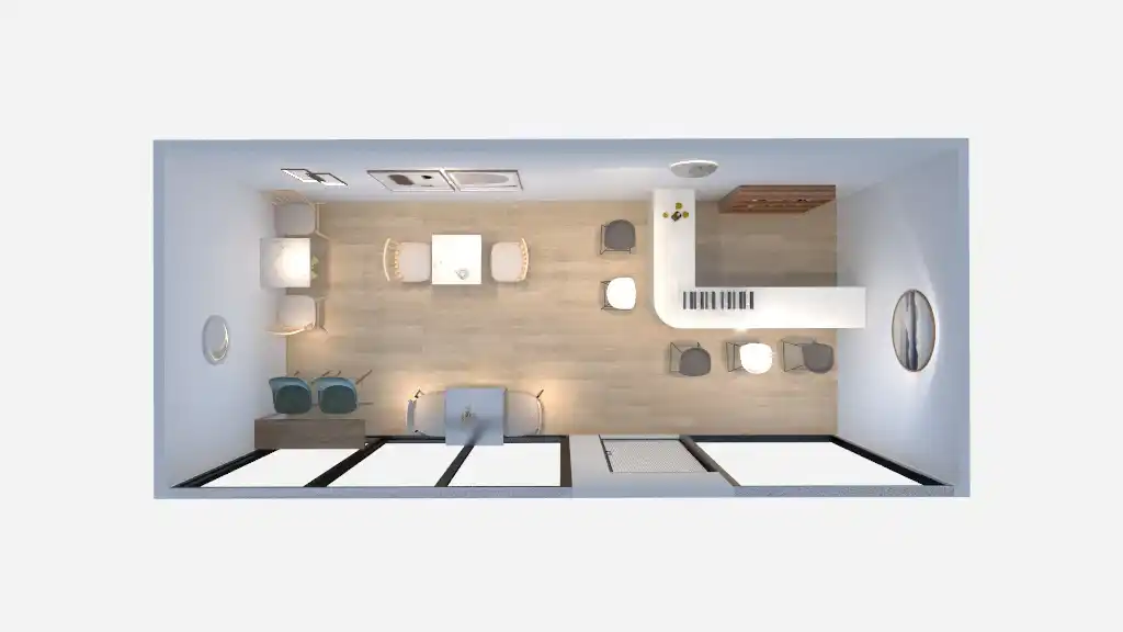 A pristine white Apple Cabin displayed in a factory showroom, featuring rounded corners, a large panoramic glass entry door, and a sleek, waterproof composite exterior shell.