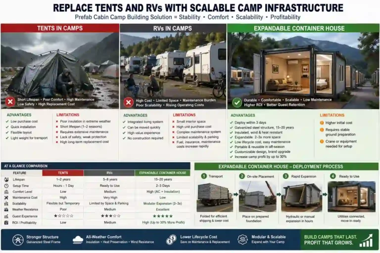 A comprehensive comparison infographic contrasting traditional campsite accommodation options (tents and RVs) with a modular "Prefab Cabin Camp Building Solution," presented as "Expandable Container Houses." The infographic is structured into a prominent top section with three illustrative columns and detailed data tables below.