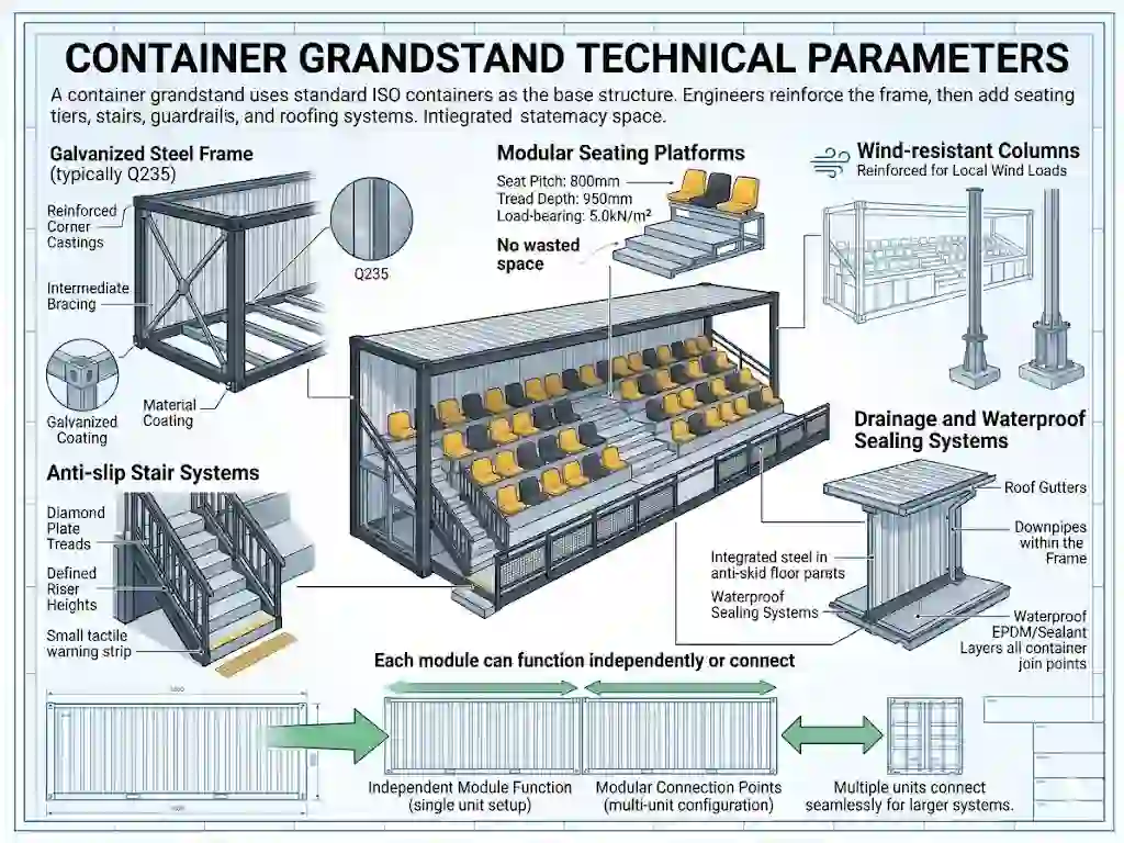 A technical infographic titled "Container Grandstand Technical Parameters." The central image shows a 3D cutaway of a modified shipping container converted into a seating bleacher. Labels point to various technical features including a galvanized steel frame (Q235), modular seating platforms with specific dimensions (800mm pitch, 950mm tread), anti-slip stair systems, wind-resistant columns, and drainage/waterproof sealing systems. The bottom section illustrates how multiple modules can be used independently or connected for larger spectator systems.