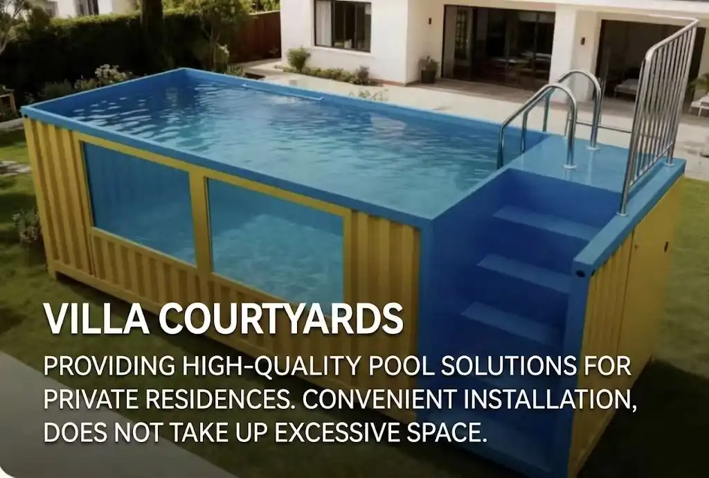 A stunning exterior view of a custom-manufactured container swimming pool featuring a premium blue interior, warm yellow corrugated steel walls, and integrated high-strength glass viewing windows. Sturdy blue stairs and stainless steel railings lead to the water's edge in a modern villa courtyard setting.