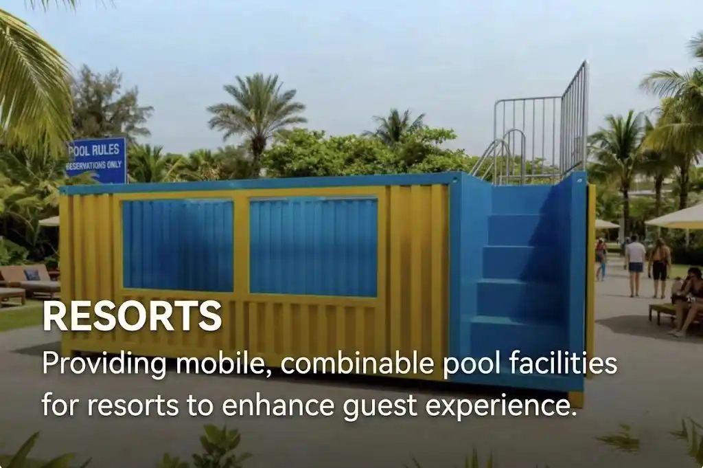 A vibrant yellow and blue container swimming pool installed at a tropical resort, featuring glass viewing windows and integrated stairs, surrounded by palm trees and lounging areas.