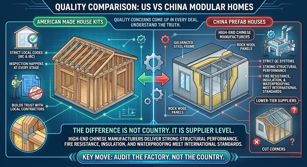 Comparaison de la qualité des maisons modulaires américaines vs chinoises montrant la structure à ossature d'acier et l'isolation