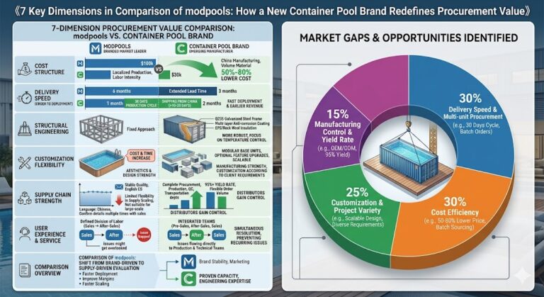 A strategic infographic comparing "Modpools" (market leader) with an "Emerging Container Pool Brand" across seven procurement dimensions. The left side uses progress bars and icons to show the emerging brand's advantages: 50-80% lower costs ($30k vs $100k), faster 2-month delivery, modular engineering with Q235 steel, and integrated service teams. The right side features a circular chart identifying market opportunities: 30% Delivery Speed, 30% Cost Efficiency, 25% Customization, and 15% Manufacturing Control. Visuals include a technical cross-section of a pool's multi-layer insulation and an illustration of a container pool being hoisted by a crane.
