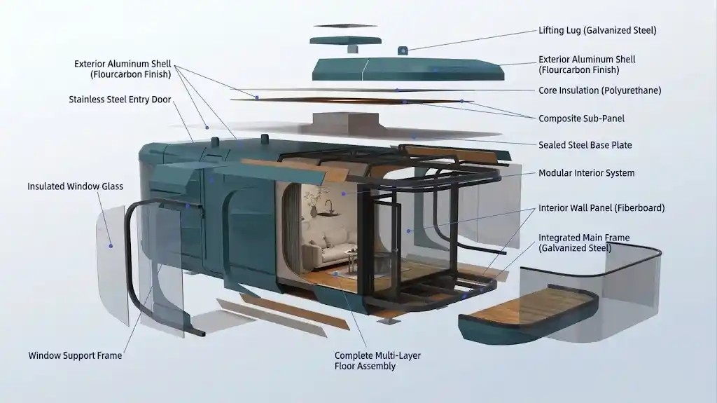 A sleek, pearl-white space capsule house with a streamlined aerodynamic design, featuring 270-degree panoramic tempered glass windows and a futuristic aviation-aluminum shell, set in a scenic outdoor environment.