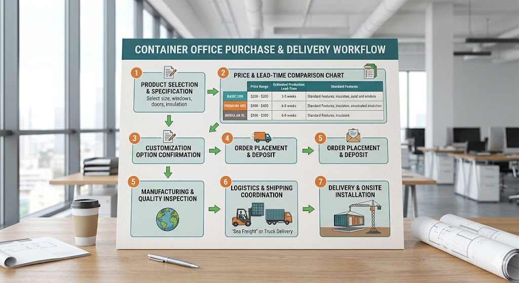 Online-Kaufprozess für Containerbüros mit Preis- und Lieferzeitvergleichsdiagramm