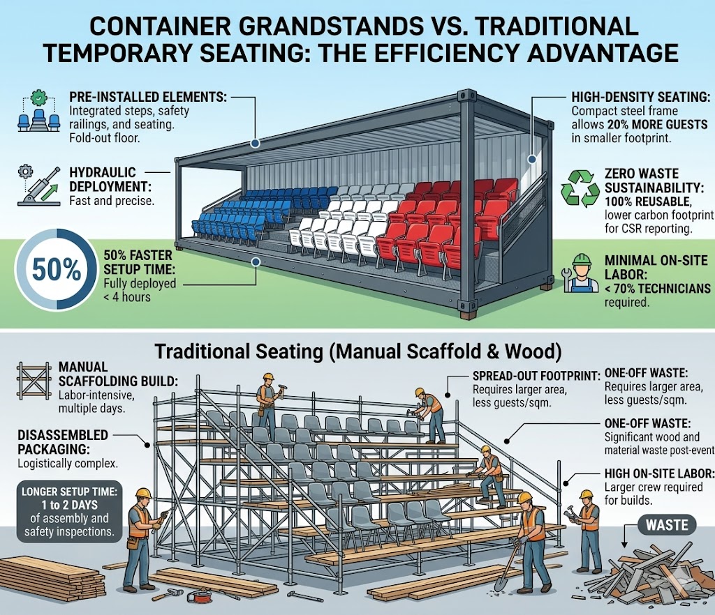 Datenunterschied zwischen Container-Tribüne und traditioneller Tribüne