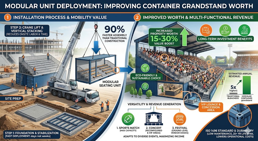 container grandstand installation process showing crane lifting modular units improving container grandstand worth
