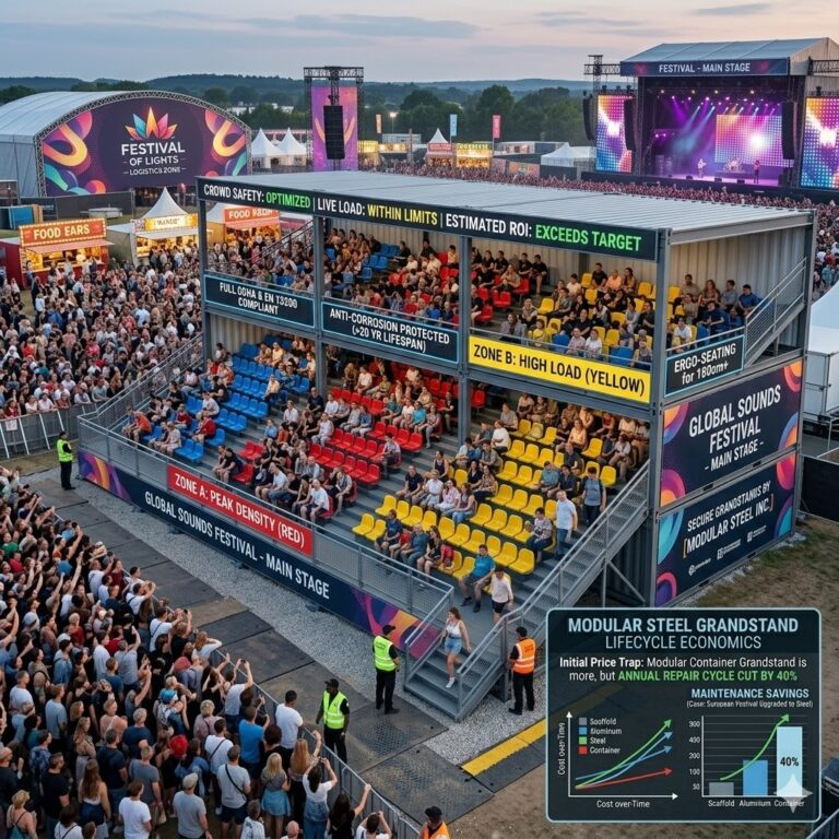 An infographic titled "Modular Steel Grandstand Lifecycle Economics" showcasing a two-story containerized seating structure at an outdoor music festival. The main image shows a large crowd facing a stage, with a modular grandstand in the foreground featuring multi-colored seating (blue, red, and yellow) and safety signage.