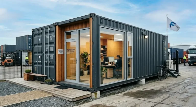 The workers are working seriously in the container office.