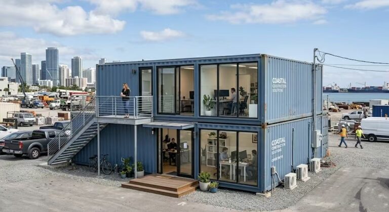 Structure: Two levels of blue containers stacked together, featuring large floor-to-ceiling glass windows and sliding doors that reveal a bright, modern interior with office desks and personnel. Accessibility: An external metal staircase leads to a second-floor balcony where a person is standing. The ground floor entrance features a small wooden deck and potted plants. Setting: Located on a gravel lot near a harbor, with cargo ships and a city skyline visible in the background. Several white AC units are mounted at the base, and construction vehicles are parked nearby. Context: A practical and aesthetic example of repurposed container architecture used as a high-end portable site office.