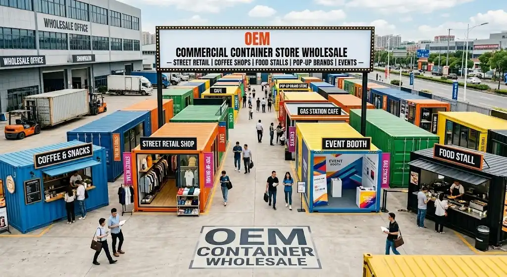 Une vue aérienne large d'un marché extérieur dynamique présentant divers conteneurs maritimes colorés réaménagés en espaces commerciaux fonctionnels, tels qu'une boutique " Café & Snacks ", une boutique de vêtements " Street Retail " et un " Stand événementiel ", avec la signalétique centrale mettant en avant " Vente en gros de magasins commerciaux en conteneurs OEM " pour illustrer les applications modulaires polyvalentes.
