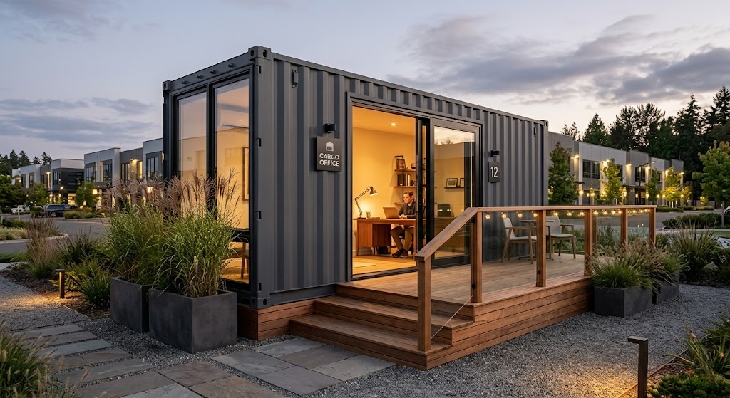 a modern, high-end container office situated in a professionally landscaped outdoor setting.