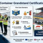 Two construction safety inspectors in hard hats and high-visibility vests examine a modular shipping container grandstand at a racetrack stadium during an on-site safety certification process