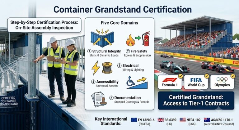 Two construction safety inspectors in hard hats and high-visibility vests examine a modular shipping container grandstand at a racetrack stadium during an on-site safety certification process