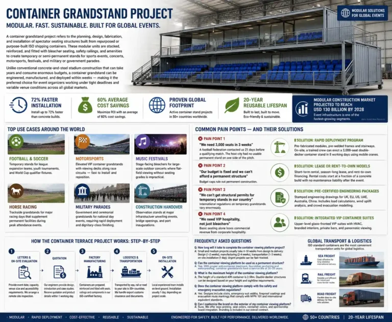 A modular container grandstand structure installed inside a factory, featuring a steel frame with multiple rows of blue stadium seats, safety railings, and an elevated platform. The unit is designed for rapid deployment and temporary event seating, showcasing a durable, prefabricated construction suitable for sports events, concerts, and large gatherings.